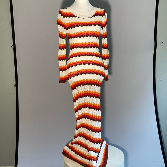 Bodycon Striking Striped Long Sleeve Crocheted Maxi Dress with Deep Scoop Back - Picture 15 of 16